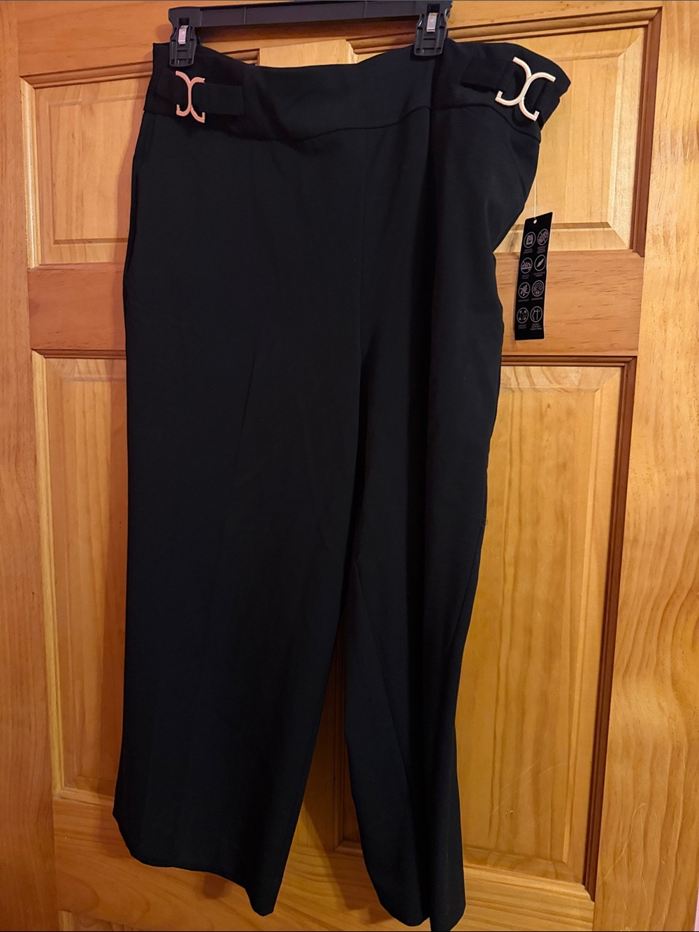 Investments Black Wide-Leg High-Rise Pants with Gold Buckle Accents
